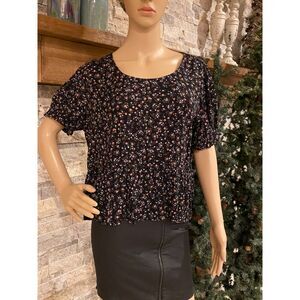 HIPPIE ROSE Black Floral Shirt Blouse Boho Peasant Babydoll Rayon Size L